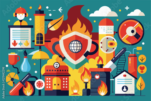 Colorful artwork highlights essential fire prevention tools, strategies, and tips in a lively setting Fire prevention Customizable Disproportionate Illustration