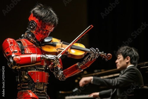 Red robot violinist performs with pianist on stage.