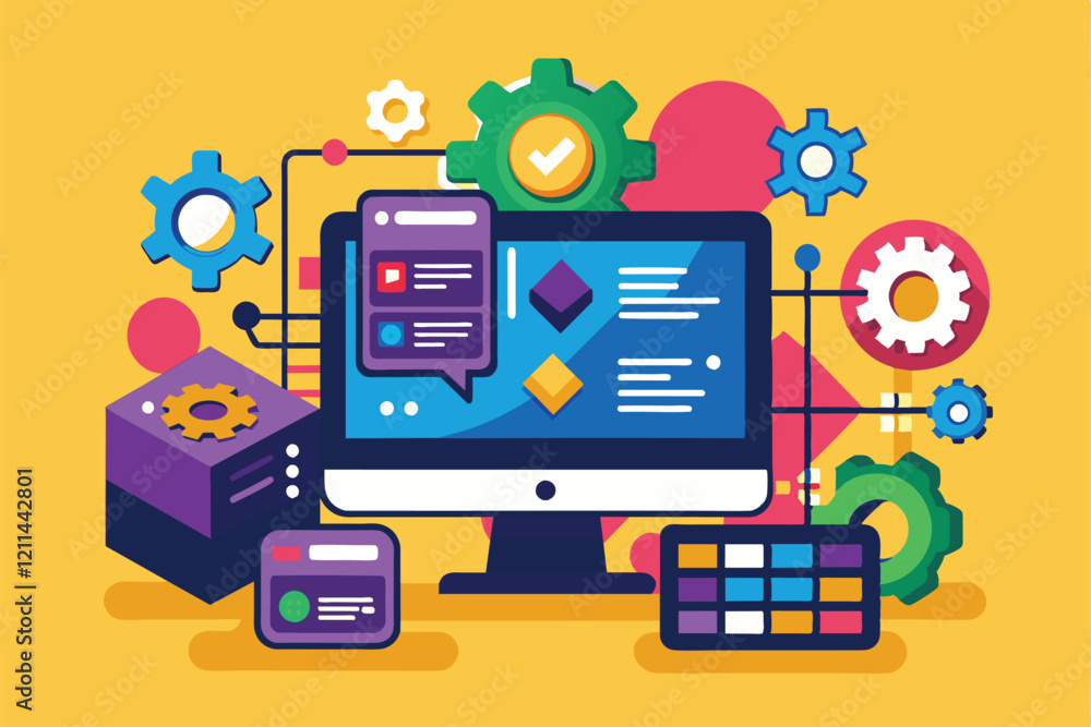 A vibrant illustration depicting customizable firmware development with tools and devices connected to a computer Firmware Customizable Flat Illustration A vibrant illustration depicting customizable firmware development with tools and devices connected to a computer Firmware Customizable Flat Illustration