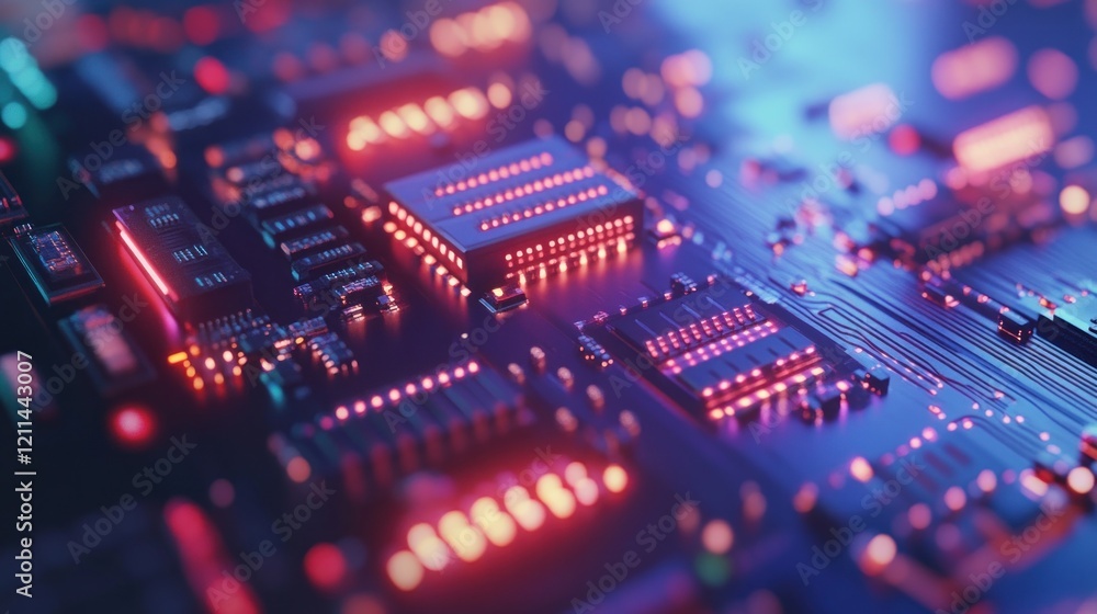 Neon Circuit Board: A Close-Up View of Illuminated Microchips and Integrated Circuits Neon Circuit Board: A Close-Up View of Illuminated Microchips and Integrated Circuits