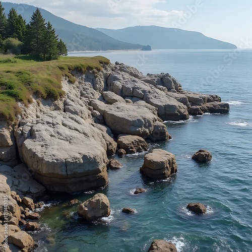 Coastal Rock Formations: A picturesque coastal scene unfolds, showcasing dramatic rock formations meeting the tranquil ocean.  The clear blue water laps gently against the rugged shoreline. photo