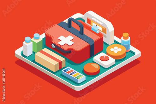 A customizable first aid kit filled with essential medical supplies arranged on a colorful platform First aid kit Customizable Isometric Illustration