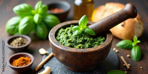 Fresh Basil and Garlic Pesto Made with Mortar and Pestle, Served with Olive Oil and Bread photo