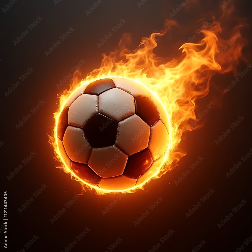 Fototapeta premium Blazing Passion: A soccer ball engulfed in fiery flames, radiating intense energy and signifying the unyielding passion and competitive spirit of the sport. 