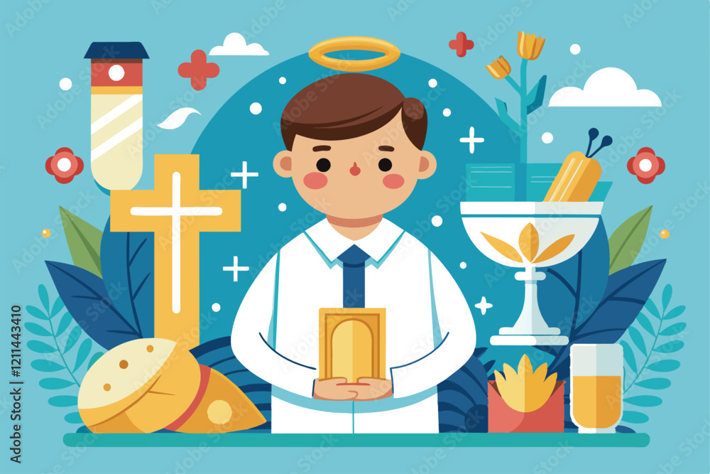 A young boy holds a sacred box, symbolizing his first communion amid various religious symbols First communion Customizable Disproportionate Illustration A young boy holds a sacred box, symbolizing his first communion amid various religious symbols First communion Customizable Disproportionate Illustration