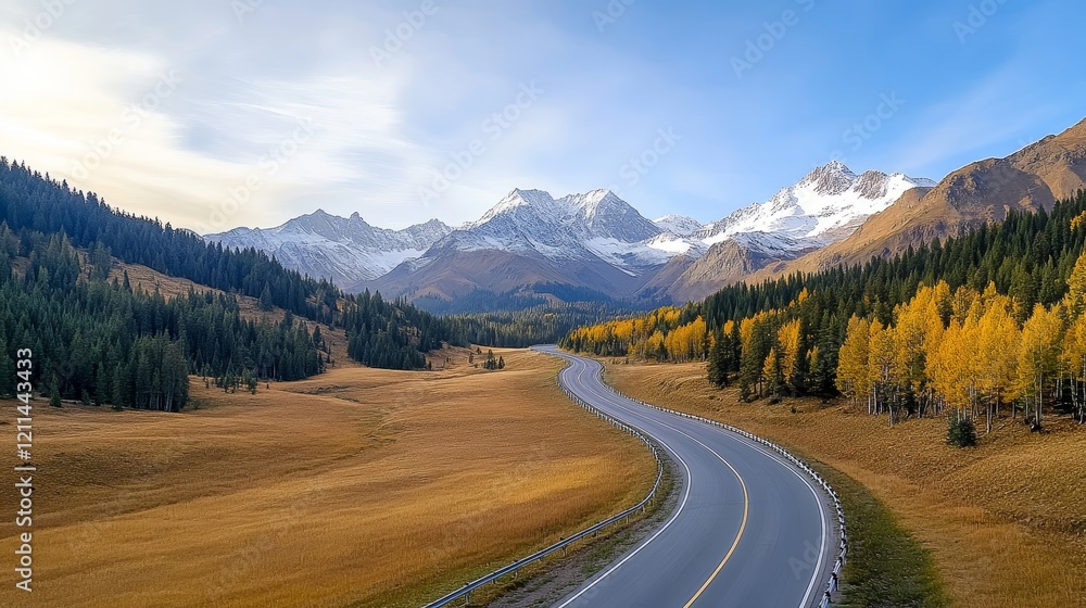 Fototapeta premium Scenic Mountain Road Surrounded by Majestic Peaks, Vibrant Trees, and Expansive Fields, Capturing the Essence of Nature's Breathtaking Beauty in Autumn