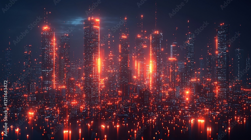 Naklejka premium Futuristic city skyline at night with glowing red lights.