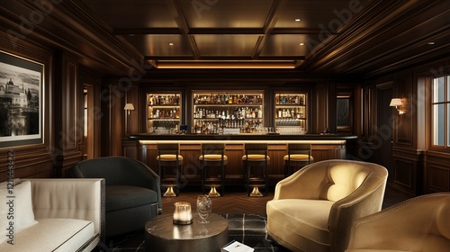 Fototapeta Naklejka Na Ścianę i Meble -  Luxurious ship lounge bar, interior design, evening ambiance,  relaxation