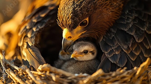 Pet parenting idea. A majestic eagle nurturing its chick in a cozy nest during golden hour. photo