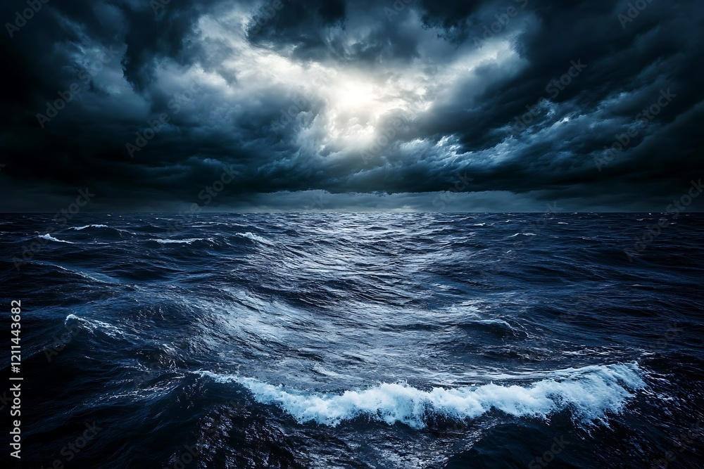 Fototapeta premium Dramatic Seascape at Night: A Small Boat Facing a Turbulent Storm