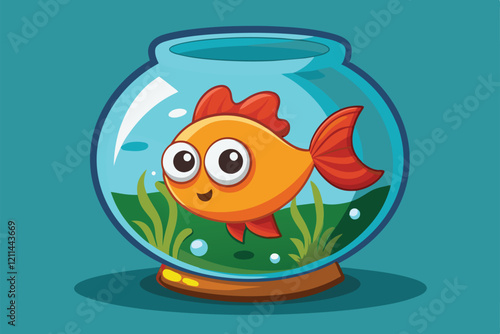 A bright, happy goldfish swims in its round bowl surrounded by green plants and bubbles Fish bowl Customizable Cartoon Illustration