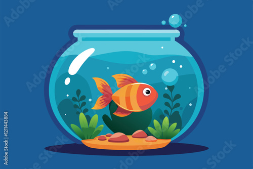 A cheerful fish swims in a vibrant bowl surrounded by lush aquatic plants and bubbles Fish bowl Customizable Flat Illustration