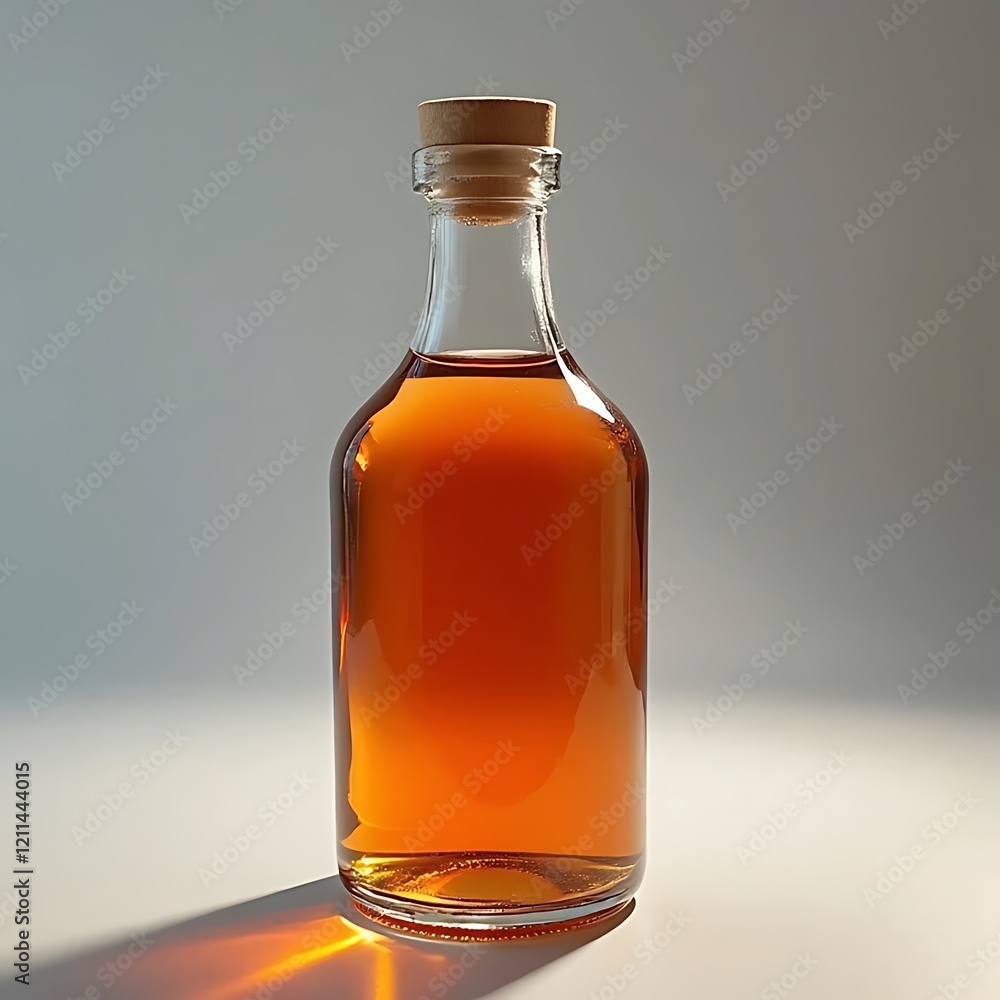 Amber Liquid in Glass Bottle: A clear glass bottle with a cork stopper, filled with a rich amber liquid, sits against a subtly lit background, showcasing the liquid's depth and color. Amber Liquid in Glass Bottle: A clear glass bottle with a cork stopper, filled with a rich amber liquid, sits against a subtly lit background, showcasing the liquid's depth and color.