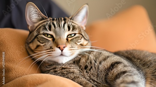 Pet health concept. A relaxed tabby cat lounging comfortably on a cozy surface, exuding tranquility. photo