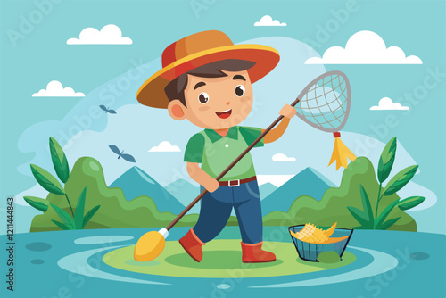 A young boy joyfully catches fish using a net beside a serene lake surrounded by mountains Fishing with net Customizable Cartoon Illustration