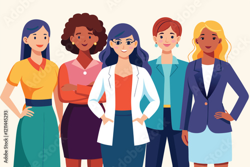 A group of five diverse women meet in an office to discuss public relations strategies Five diverse women in office attire, concept of professional diversity,