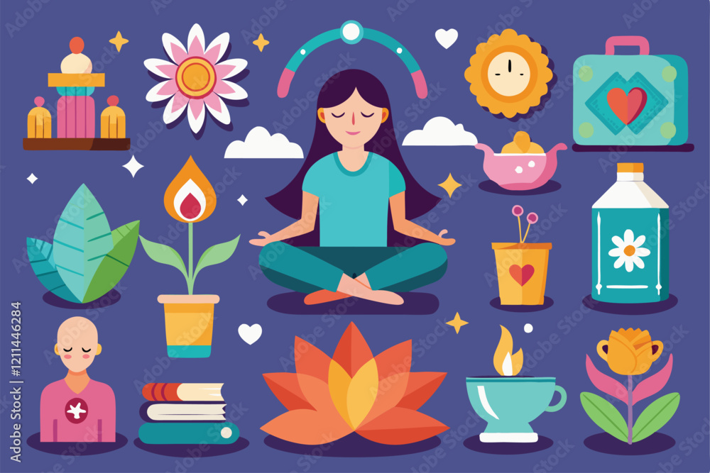 Meditators surrounded by plants, teapots, and calming symbols create a serene atmosphere Flat design meditation icons Meditators surrounded by plants, teapots, and calming symbols create a serene atmosphere Flat design meditation icons