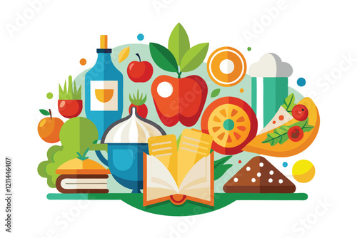 Vibrant graphic showcasing various foods, drinks, and a recipe book on a clean white background flat graphic style, on a white background, symbolizing food concepts,