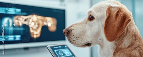 Pet ai concept. A Labrador retriever observes a screen displaying medical imaging results.