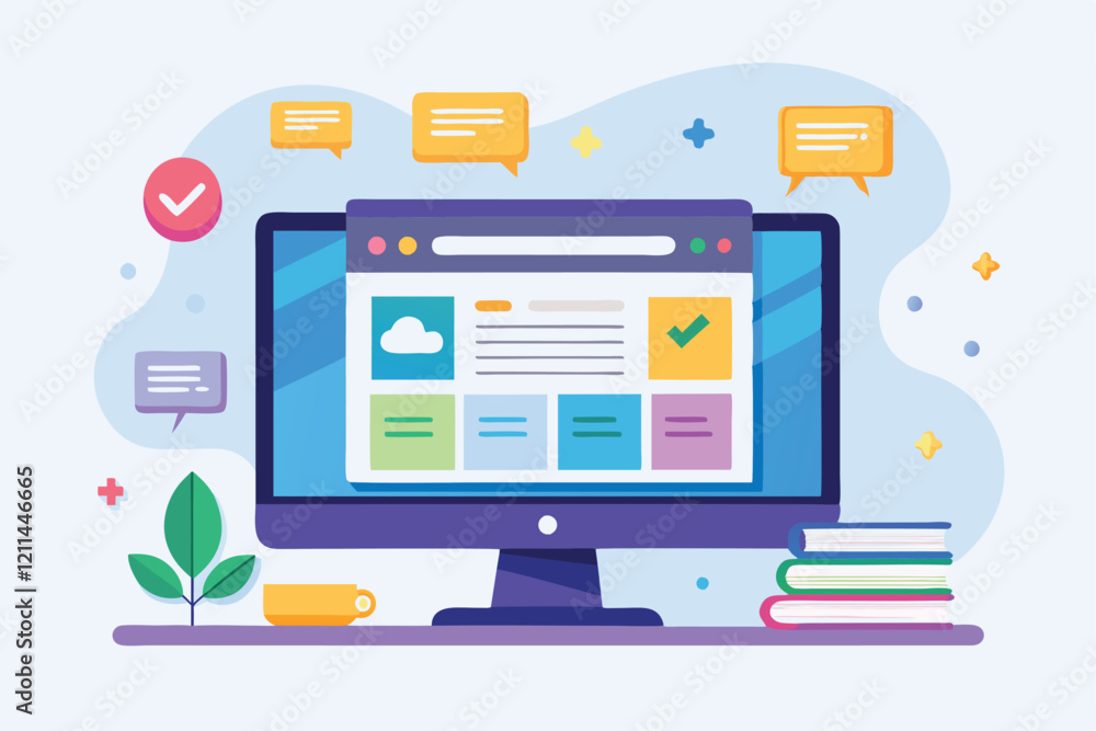 A computer screen shows a dynamic website layout featuring buttons, notifications, and decorative elements Flat Illustration of computer web site page A computer screen shows a dynamic website layout featuring buttons, notifications, and decorative elements Flat Illustration of computer web site page