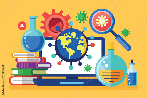 A colorful illustration depicts virus research with books, beakers, and a laptop showcasing the globe Flat illustration virus research and learning icon