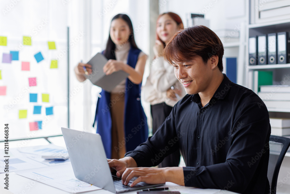 Brainstorming Collaboration and successful partnership analysis by Team of Young business Asian people working in an office workspace Brainstorming Collaboration and successful partnership analysis by Team of Young business Asian people working in an office workspace