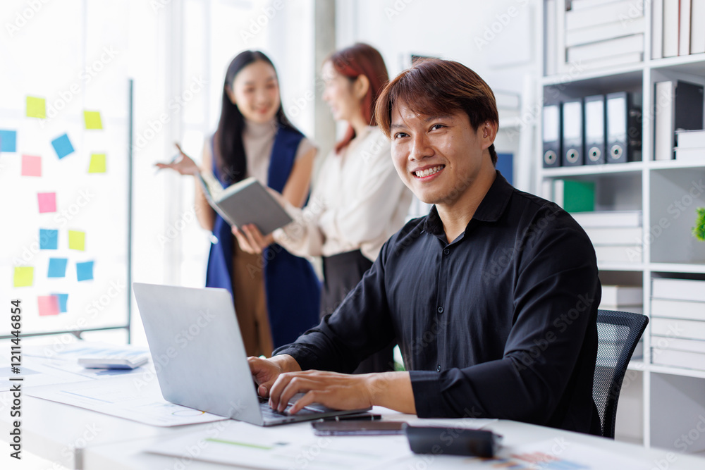 Brainstorming Collaboration and successful partnership analysis by Team of Young business Asian people working in an office workspace Brainstorming Collaboration and successful partnership analysis by Team of Young business Asian people working in an office workspace