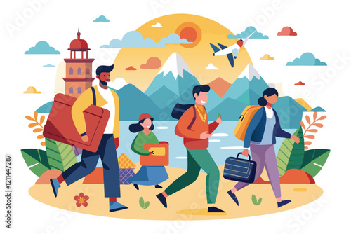 Families carry luggage and travel together across the scenic landscape in search of safety and new beginnings Fleeing their homeland Customizable Flat Illustration