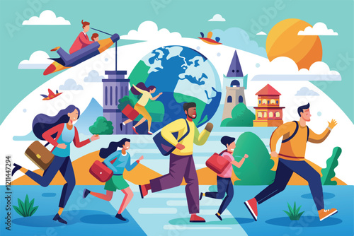 A group of individuals runs toward hope and safety, leaving their homeland behind as they embark on a journey Fleeing their homeland Customizable Flat Illustration