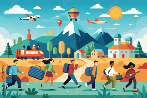 Individuals carrying bags walk through a colorful landscape, leaving their home for new destinations Fleeing their homeland Customizable Semi Flat Illustration