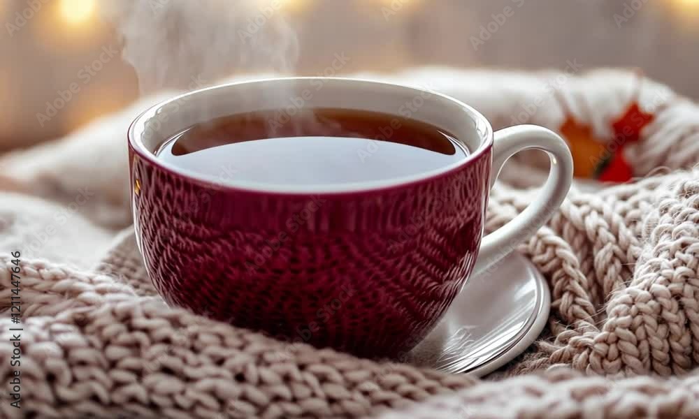 Warm and Cozy Cup of Tea on Knitted Sweater Warm and Cozy Cup of Tea on Knitted Sweater