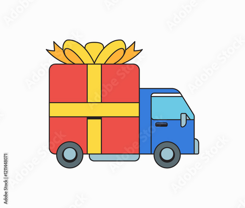 Delivery truck carrying a large gift box cartoon hand drawn vector illustration perfect for holiday and delivery service