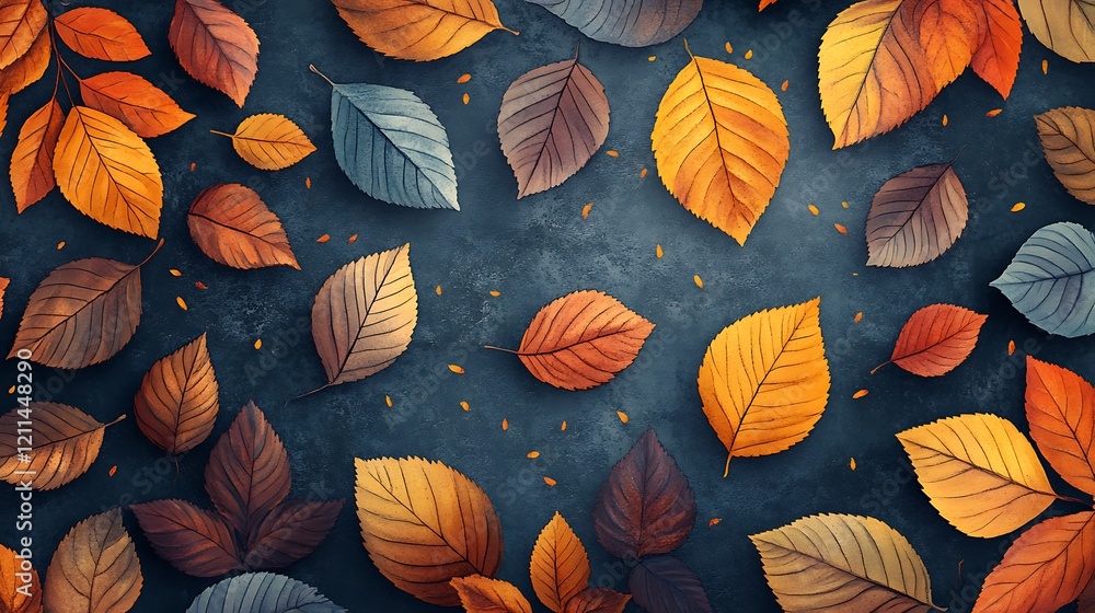 An autumn pattern of leaves in various shades, including orange, yellow, and brown, on a dark gray background. An autumn pattern of leaves in various shades, including orange, yellow, and brown, on a dark gray background.