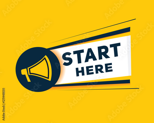 Start here banner element with megaphone template. vector design flat type.