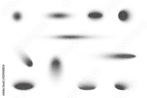 Circle shadows with grainy effect on white background. Vector gradient noisy round black shades. Dotted oval shapes set. Textured dark elements with soft stipple gradation.