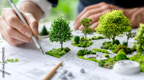 landscape architect designing miniature garden model with trees and plants. detailed plan showcases creativity and nature beauty