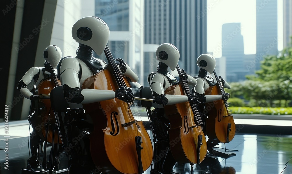 Robotic cello orchestra city performance. Robotic cello orchestra city performance.
