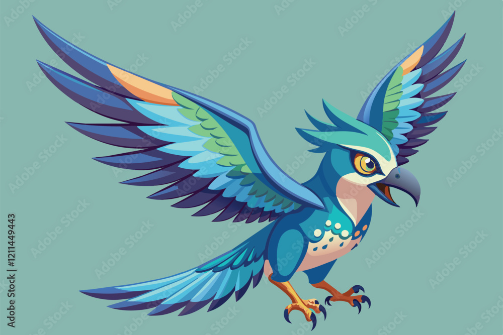 Fototapeta premium A bright blue bird flies gracefully with its wide wings spread against a simple backdrop Flying bird Customizable Disproportionate Illustration