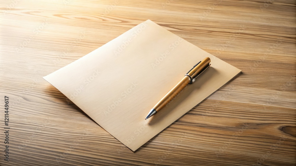 A close-up shot of a beige wooden desk with a few scattered papers and a pen lying on it, paper clutter, writing utensils, beige wood, office supplies, paperwork A close-up shot of a beige wooden desk with a few scattered papers and a pen lying on it, paper clutter, writing utensils, beige wood, office supplies, paperwork