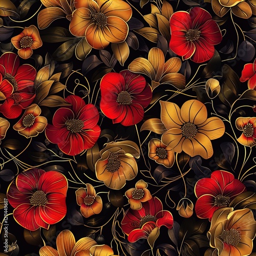 A vibrant floral pattern featuring an array of red and golden flowers set against a deep black background. The intricate details of each flower and leaf are beautifully illustrated, showcasing a varie photo