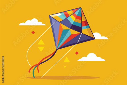 A colorful kite flies gracefully in a bright sky while sunlight warms a cheerful day Flying kite Customizable Flat Illustration