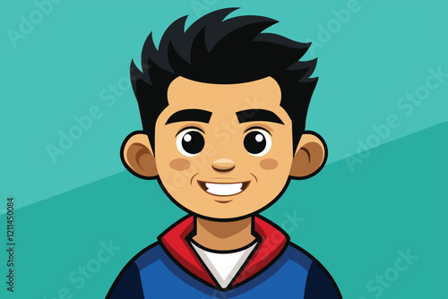 A young boy with dark hair smiles brightly in a colorful, customizable cartoon illustration Focus Customizable Cartoon Illustration