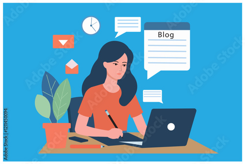 Creative woman writing a blog post on paper, inspired by online research.  Content creation, blogging, journalism, and storytelling concept for digital marketing.