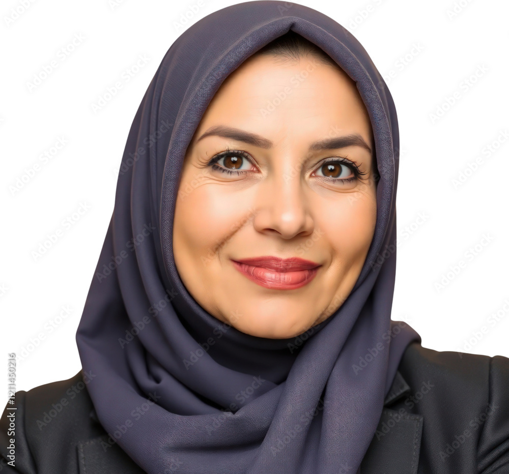 Middle aged Muslim woman with hijab headscarf isolated on transparent background
