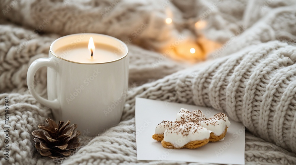 Cozy winter candlelit scene mug, cookie, knit blanket