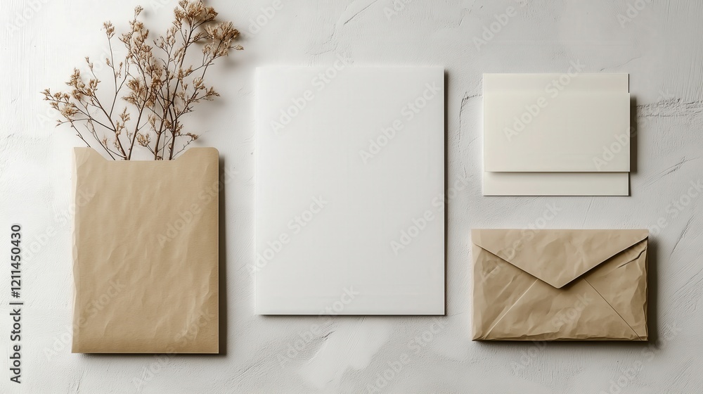 Set of kraft envelopes and cards on white textured surface Set of kraft envelopes and cards on white textured surface
