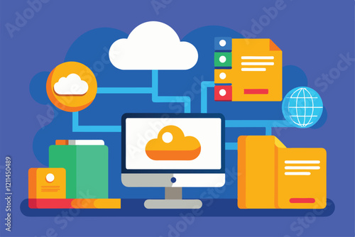 Digital storage icons with a computer and cloud, showcasing organized file management and data access Folder icon set with computer and cloud
