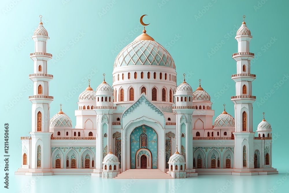 Obraz premium 3d modern Islamic banner, suitable for Ramadan, Eid al Fitr, and Eid al Adha with mosque, lantern, crescent moon,