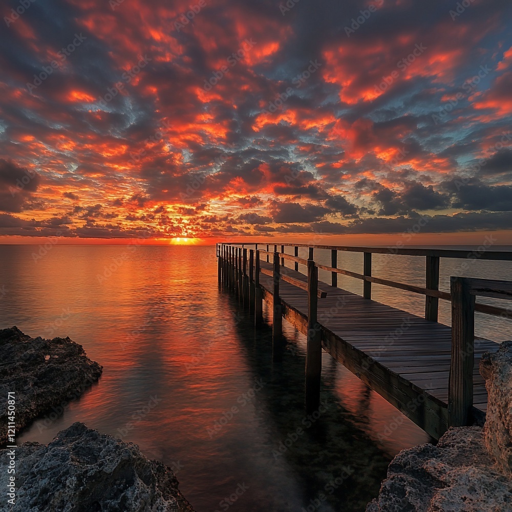 Obraz premium Fiery sunrise over ocean jetty, rocks, calm water