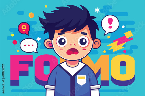 A child looks surprised, expressing feelings of missing out in a colorful cartoon setting Fomo Customizable Cartoon Illustration